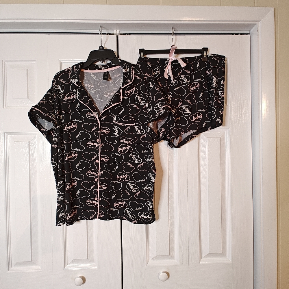 Bebe Black and Gray Pajama Set with Pink Accents